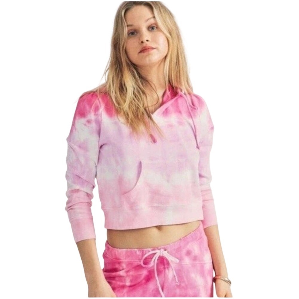 LoveShackFancy Hoodie Women Size S Pink Tie Dye Cropped V-Neck Pullover Boho